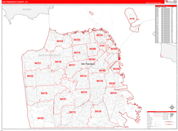 San FranciscoCounty, CA Wall Map Zip Code Red Line Style 2024